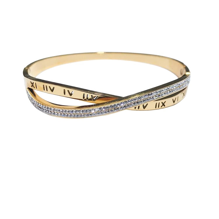 Gold-tone stone-set Roman numeral cross bracelet on white background