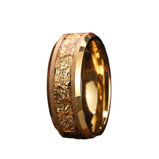 Gold-tone sandblasted tungsten steel ring on white background