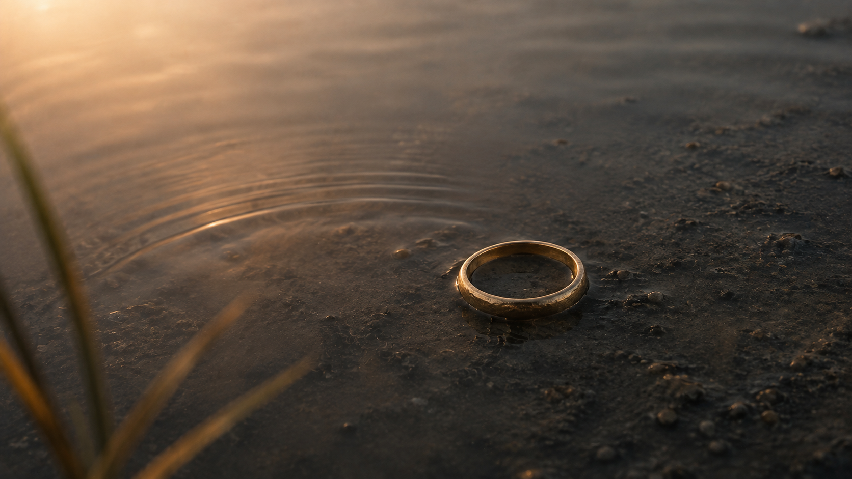 A small worn gold ring resting in shallow, silted water