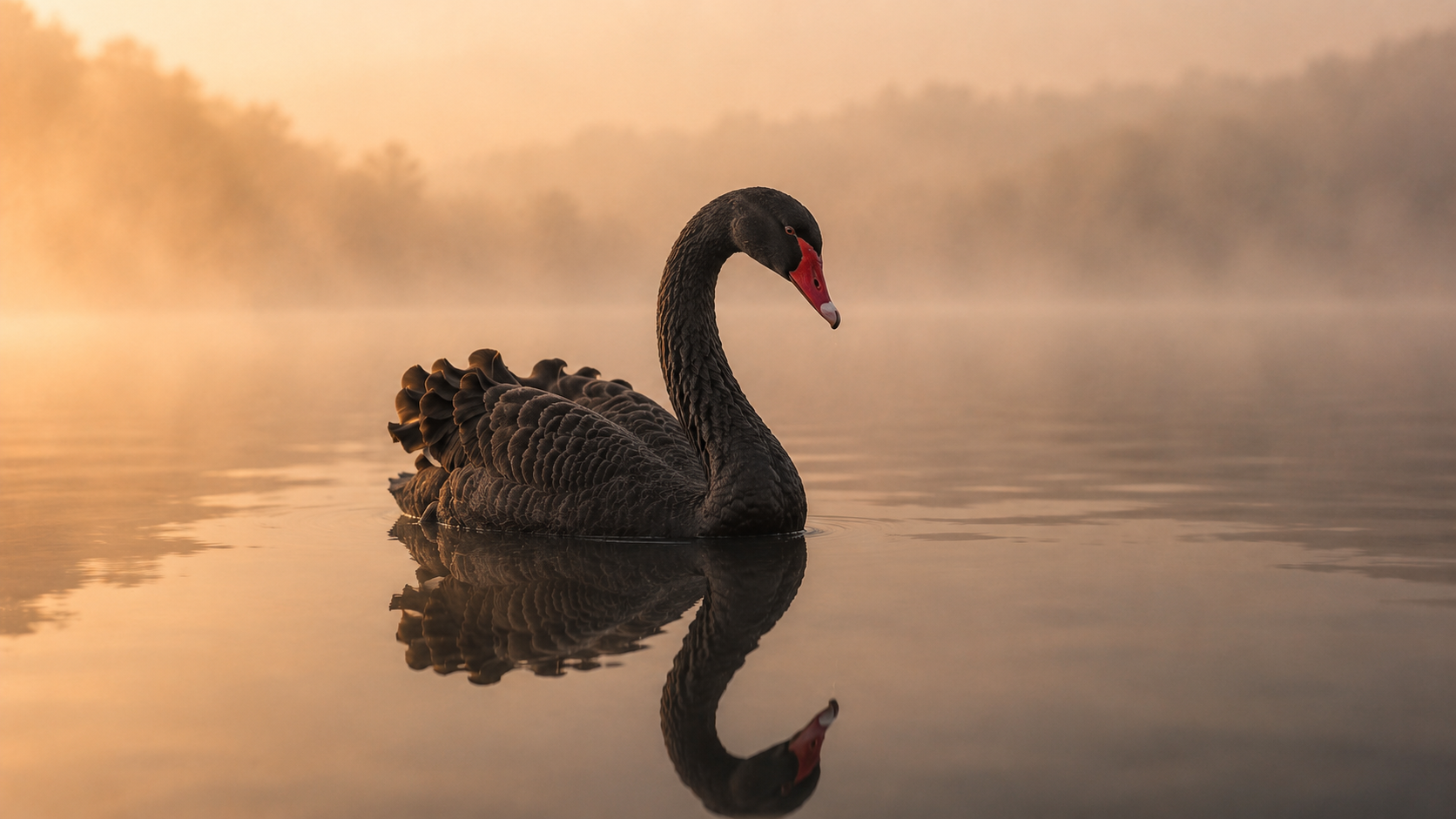 A black swan and its reflection on still, warm-toned water
