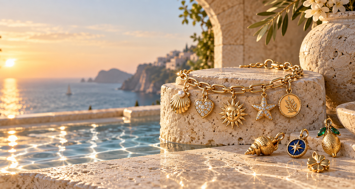 Multiple gold charms arranged in a quiet Mediterranean constellation composition