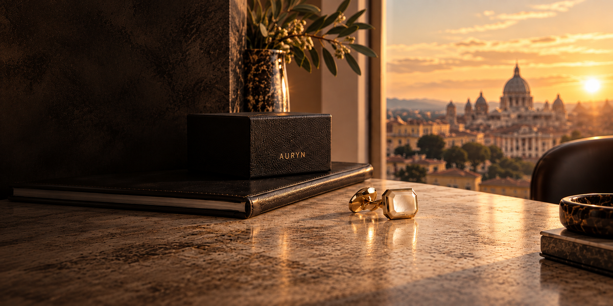 Polished cufflinks in warm evening light beside dark leather, restrained European city atmosphere