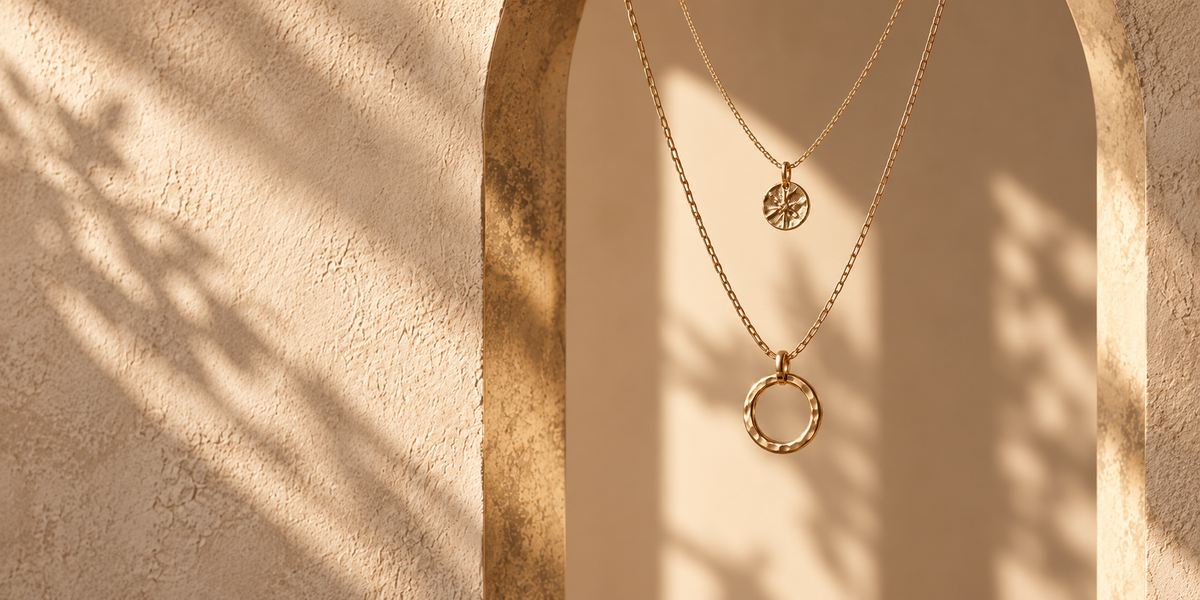 Gold necklaces suspended across a warm bronze architectural aperture