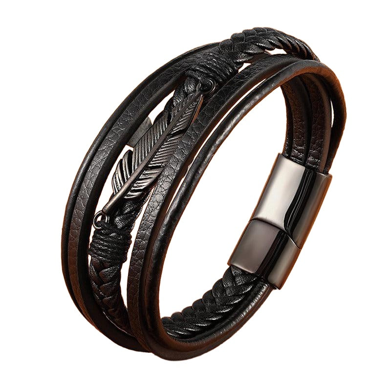 Black triple-layer leather and titanium steel bracelet on white background