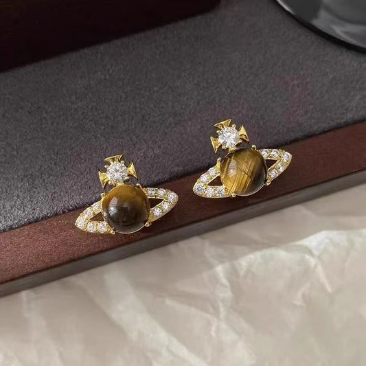 Saturn Stud Earrings – Tiger Eye Stone