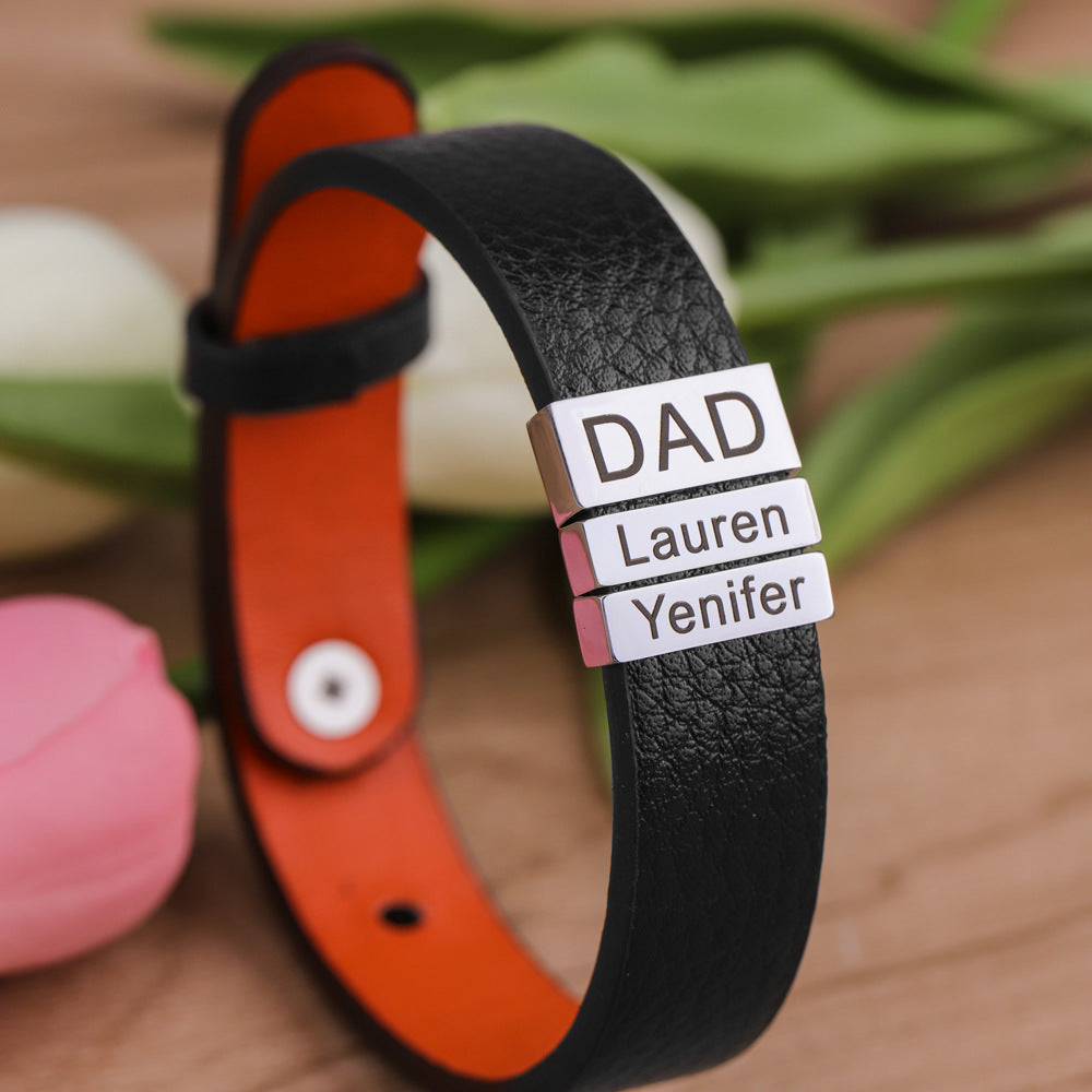 Simple Leather Stainless Steel Engraved Bracelet – view 5