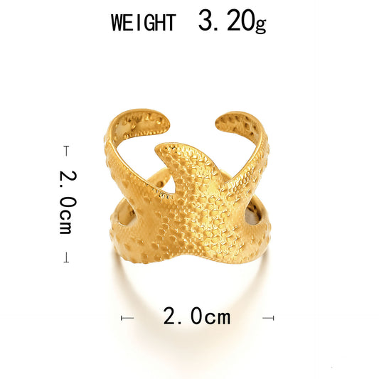Starfish Shell Heart Open Ring – 18K Gold Plated Steel