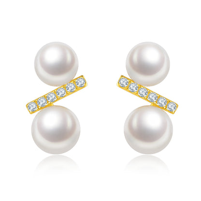 Freshwater pearl bar stud earrings in plated finish – view 3