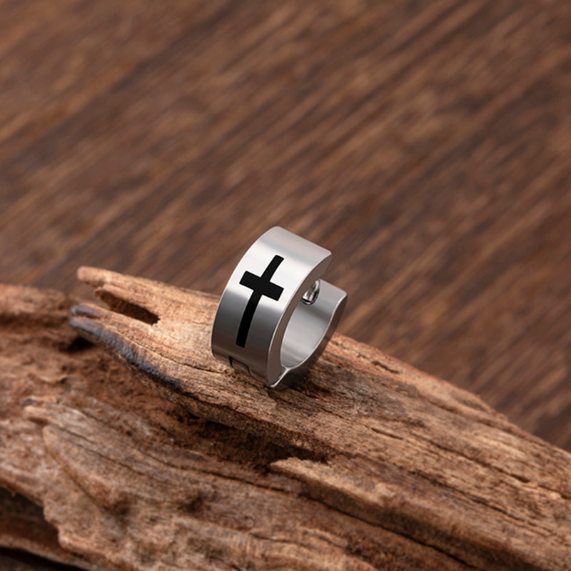 Black Silver Stainless Steel Cross Stud Earrings For Men – view 2