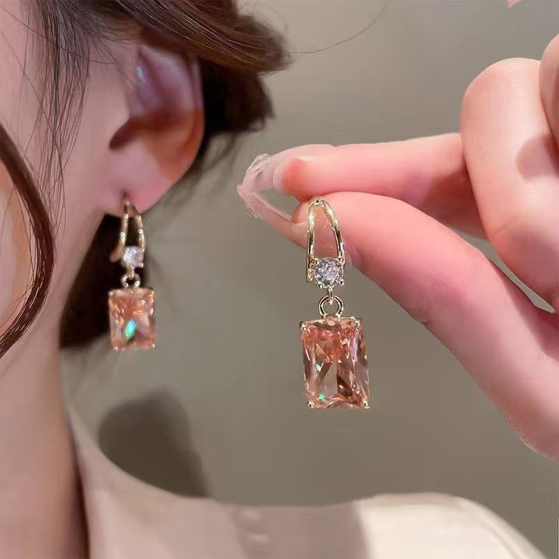 Peach Rhinestone Dangle Earrings – Twisted Gold Hook – view 4