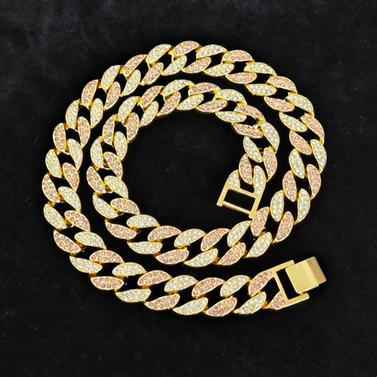 18K Gold Necklace 15MM Flat Leaves Cuban Link Chain