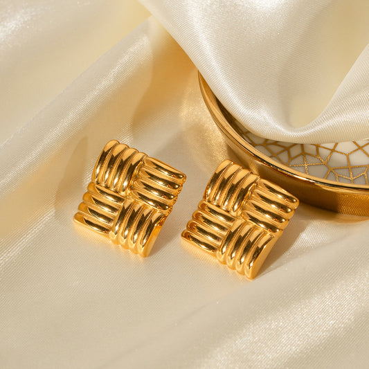 Fashion 18K Gold Stainless Steel Square Texture Stud Earrings