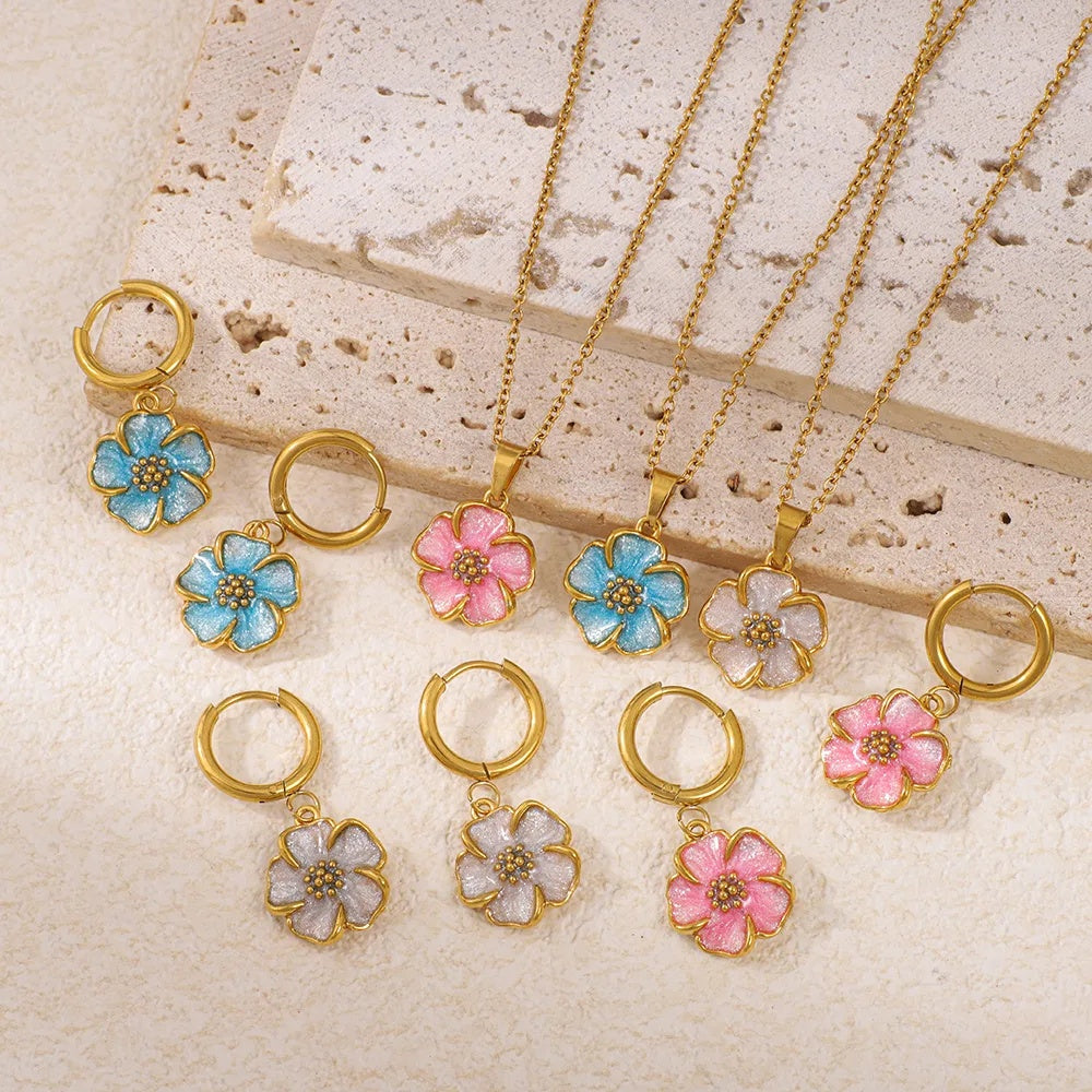 Stainless Steel Multi-colored Dripping Oil Flower Pendant Necklace Earrings – view 2