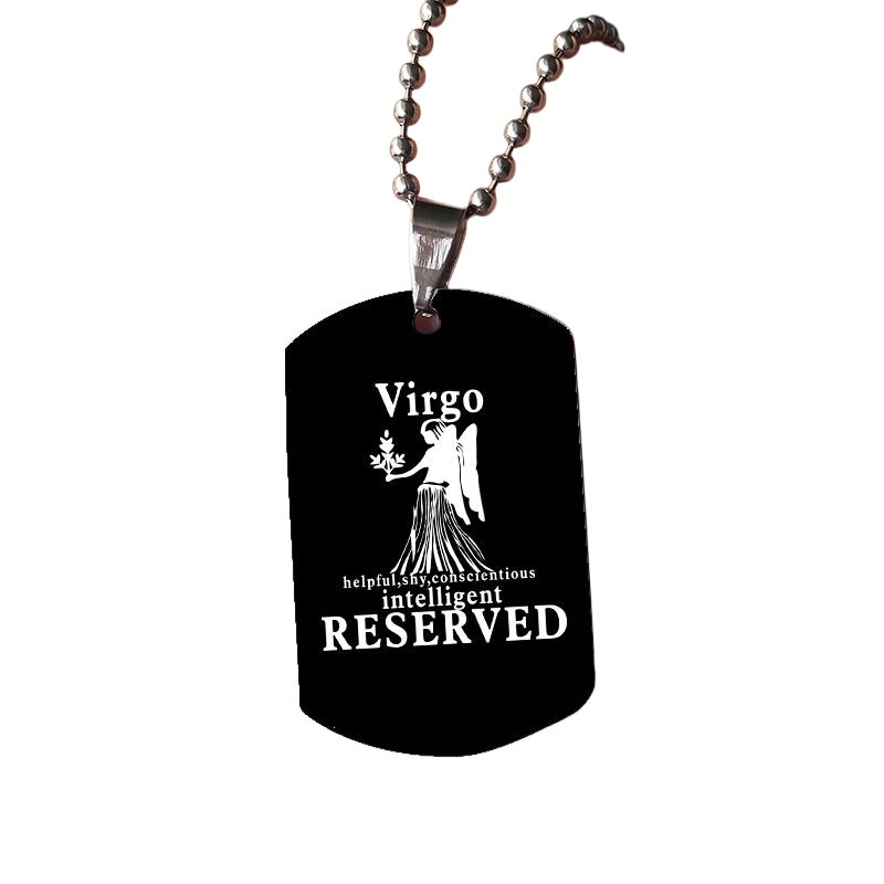 Black Virgo zodiac dog tag necklace on white background