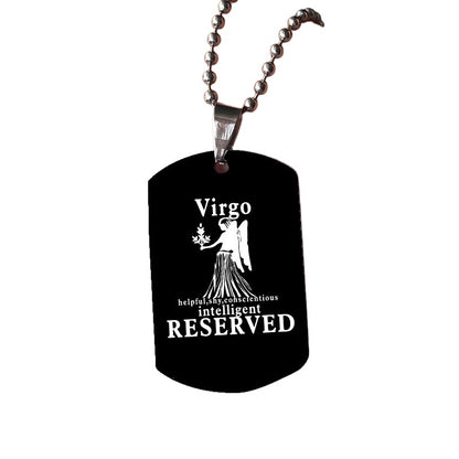 Black Virgo zodiac dog tag necklace on white background