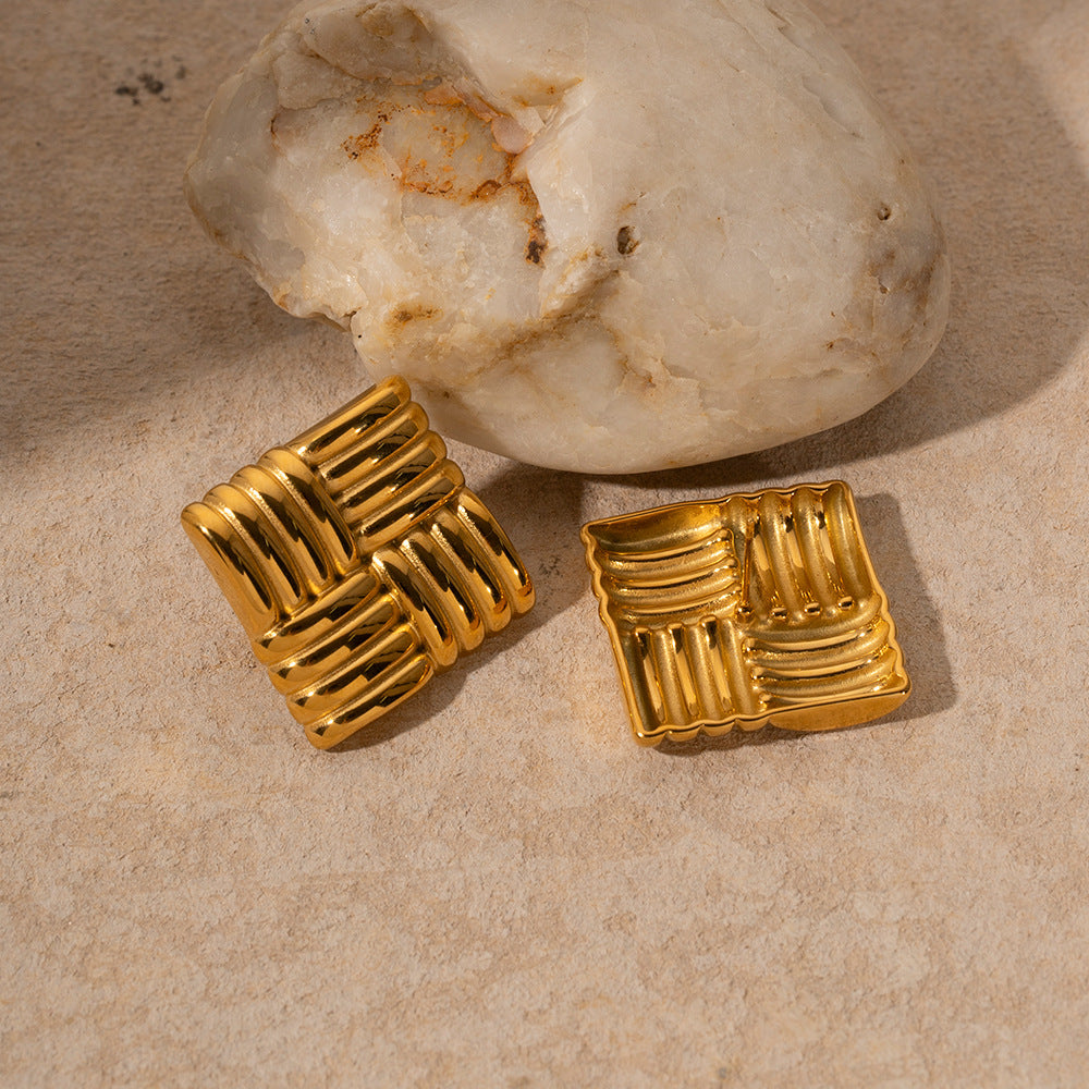 Fashion 18K Gold Stainless Steel Square Texture Stud Earrings – view 5