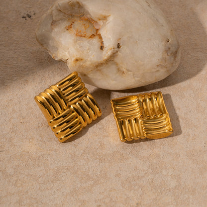 18K Gold Stainless Steel Square Texture Stud Earrings – view 5