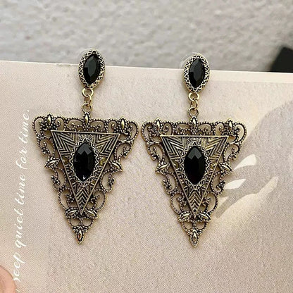 French Retro Black Rhinestone Triangle Dangle Earrings – view 5