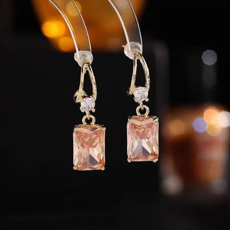 Peach Rhinestone Dangle Earrings – Twisted Gold Hook – view 3