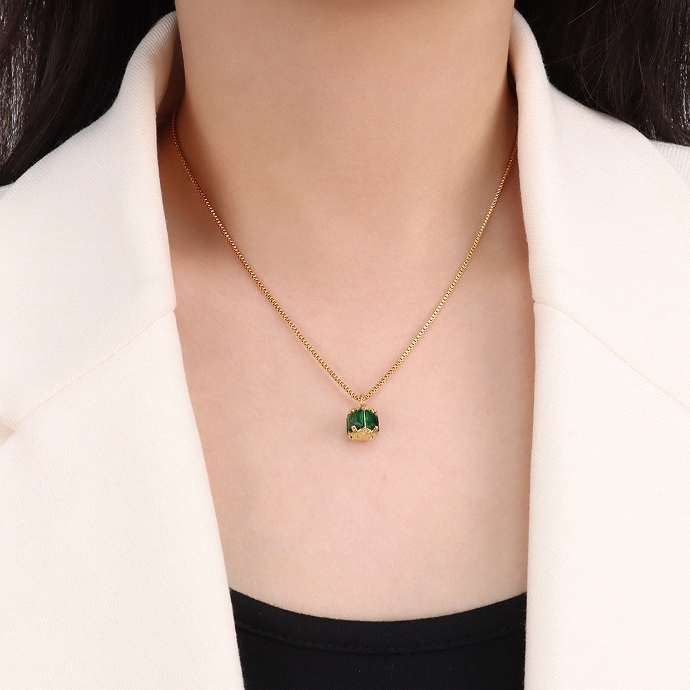 Green Zircon Pendant Necklace – Gold Titanium Steel