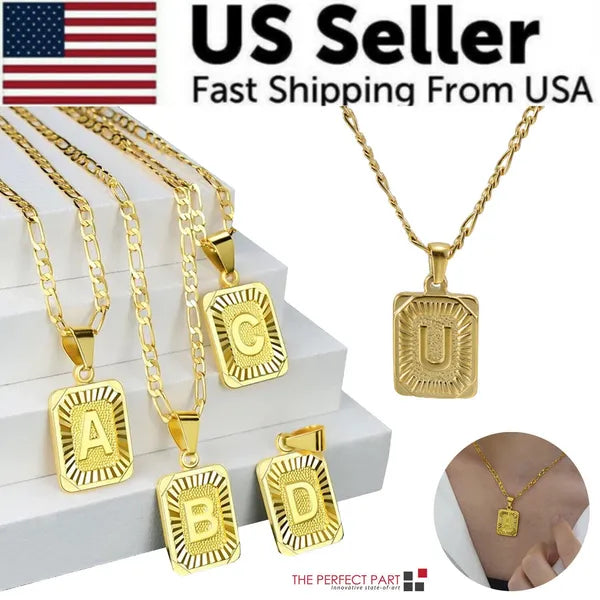 Gold Plated Initial Letter Pendant Necklace Stainless Steel Figaro Chain