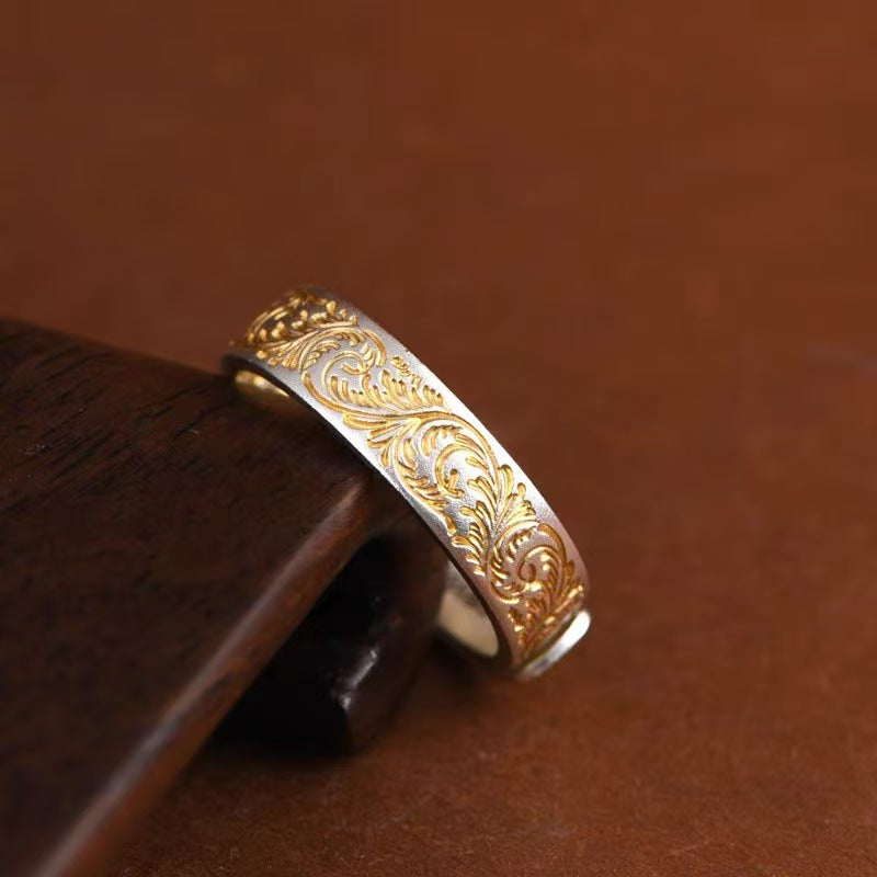 Tang Grass Pattern Adjustable Ring – 999 Fine Silver, Gold Trim – view 4