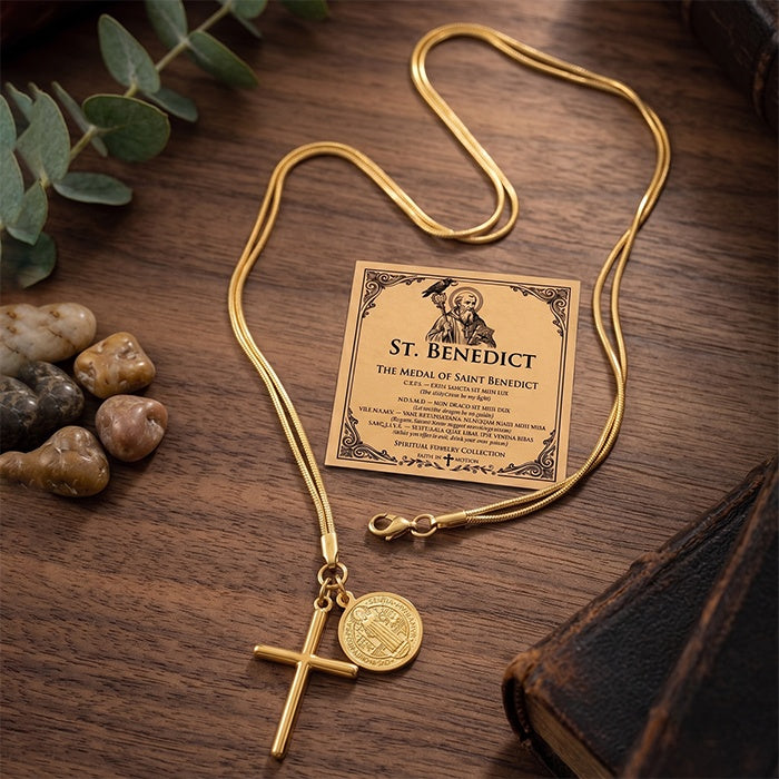 St Benedict Medal Cross Necklace – 18K Gold Plated Steel – view 5