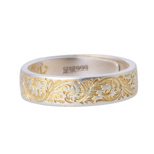 Tang Grass Pattern Adjustable Ring – 999 Fine Silver, Gold Trim – view 5