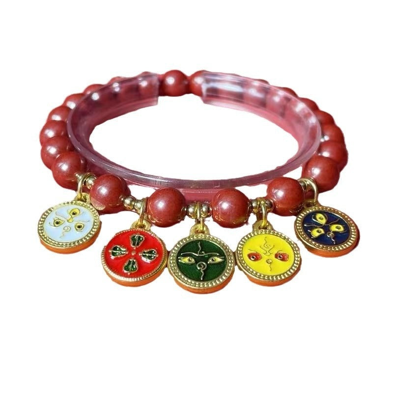 Cinnabar Five-Road Wealth God Plain-circle Bracelet With Crystals – view 4