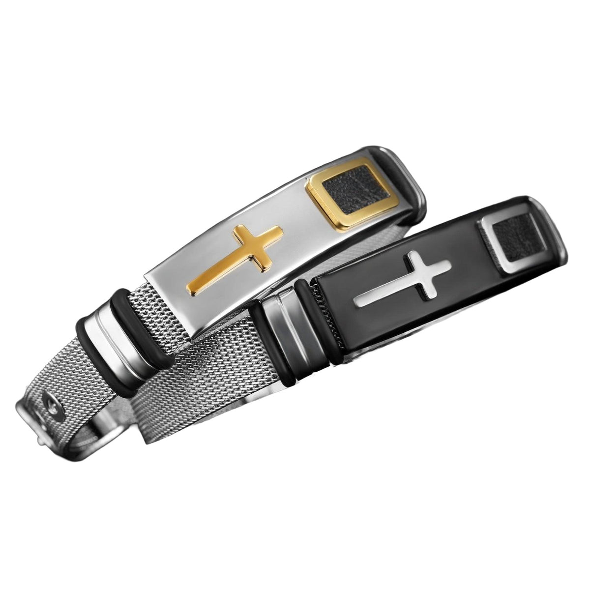 Black and gold-tone cross mesh bracelet set on white background