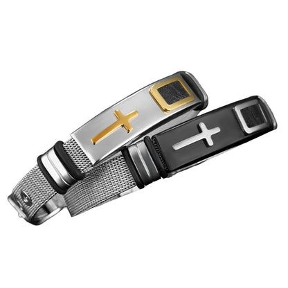 Black and gold-tone cross mesh bracelet set on white background