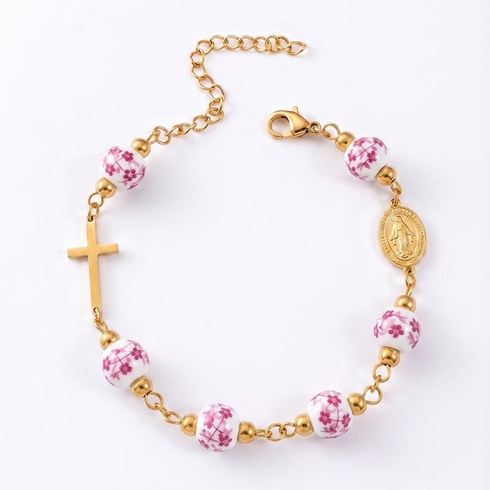 Ceramic Bead Rosary Bracelet – 18K Gold Plated, Virgin Mary Medal – view 6