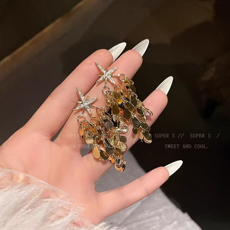 Gold Star Sequin Tassel Earrings