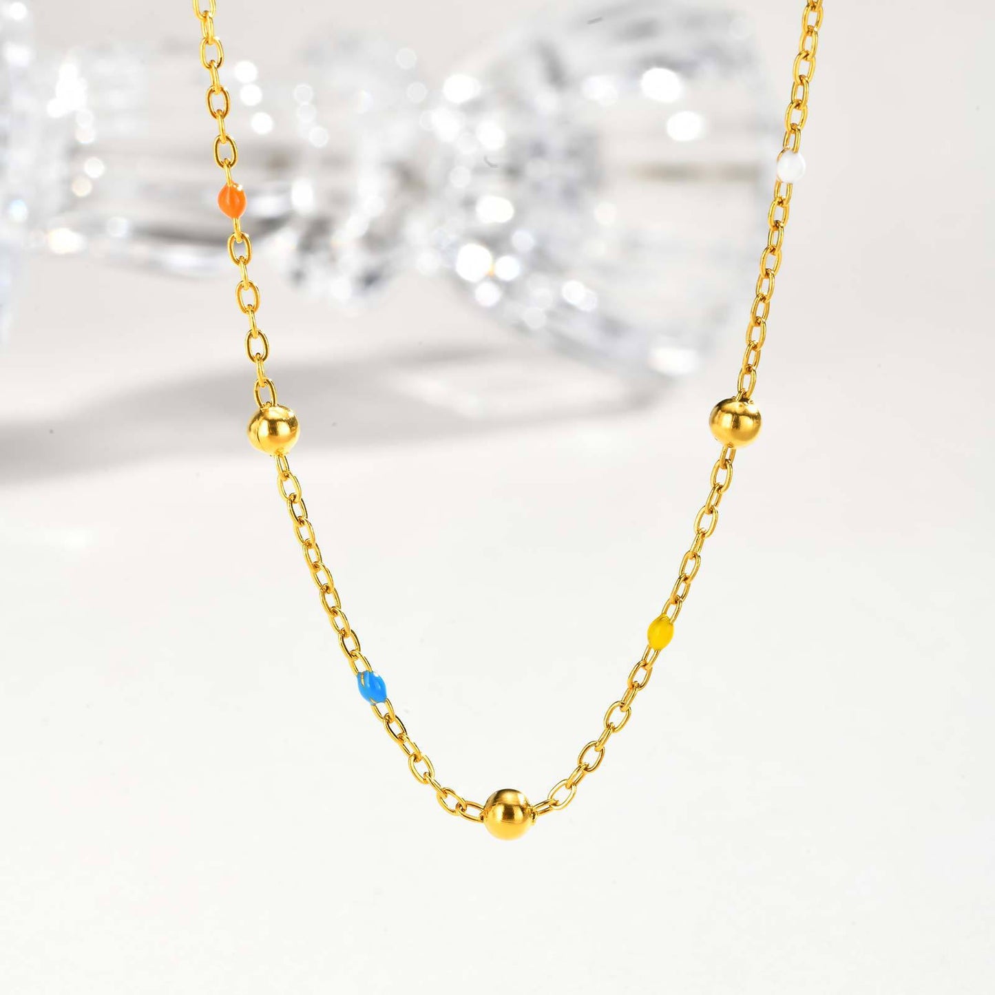Designer-style Colorful Resin Spacer Bead Chain Round-bead Necklace In Gold – view 2