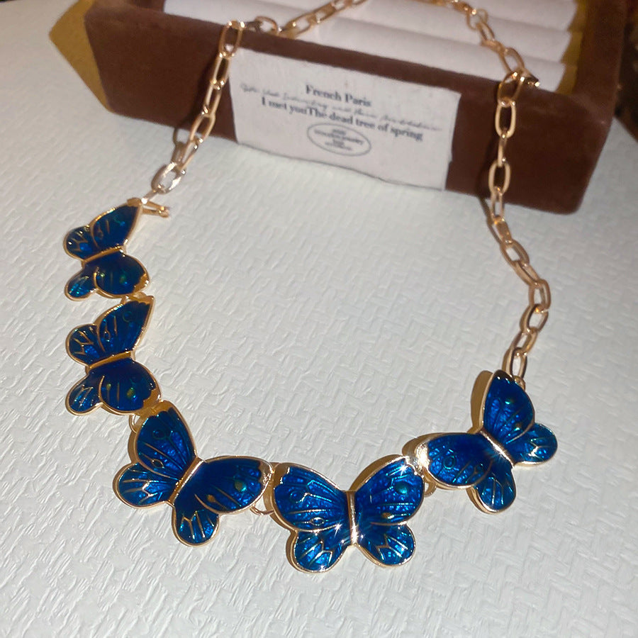 Blue Butterfly Necklace – French Style, Gold Tone – view 3