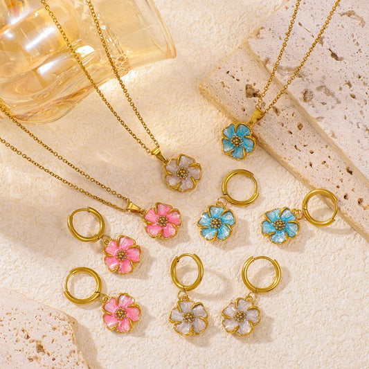 Stainless Steel Multi-colored Dripping Oil Flower Pendant Necklace Earrings