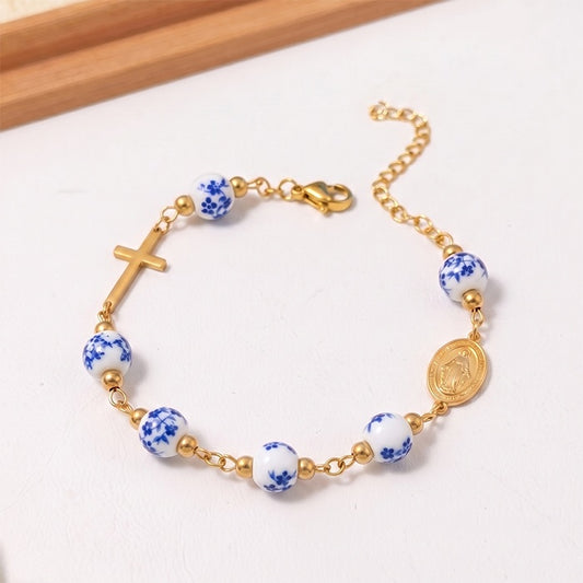 Ceramic Bead Rosary Bracelet – 18K Gold Plated, Virgin Mary Medal