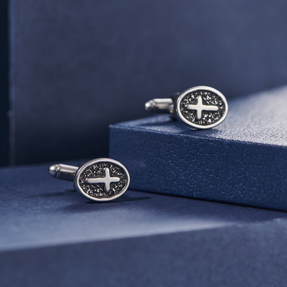 Oval Cross Cufflinks – Silver Stainless Steel – view 4