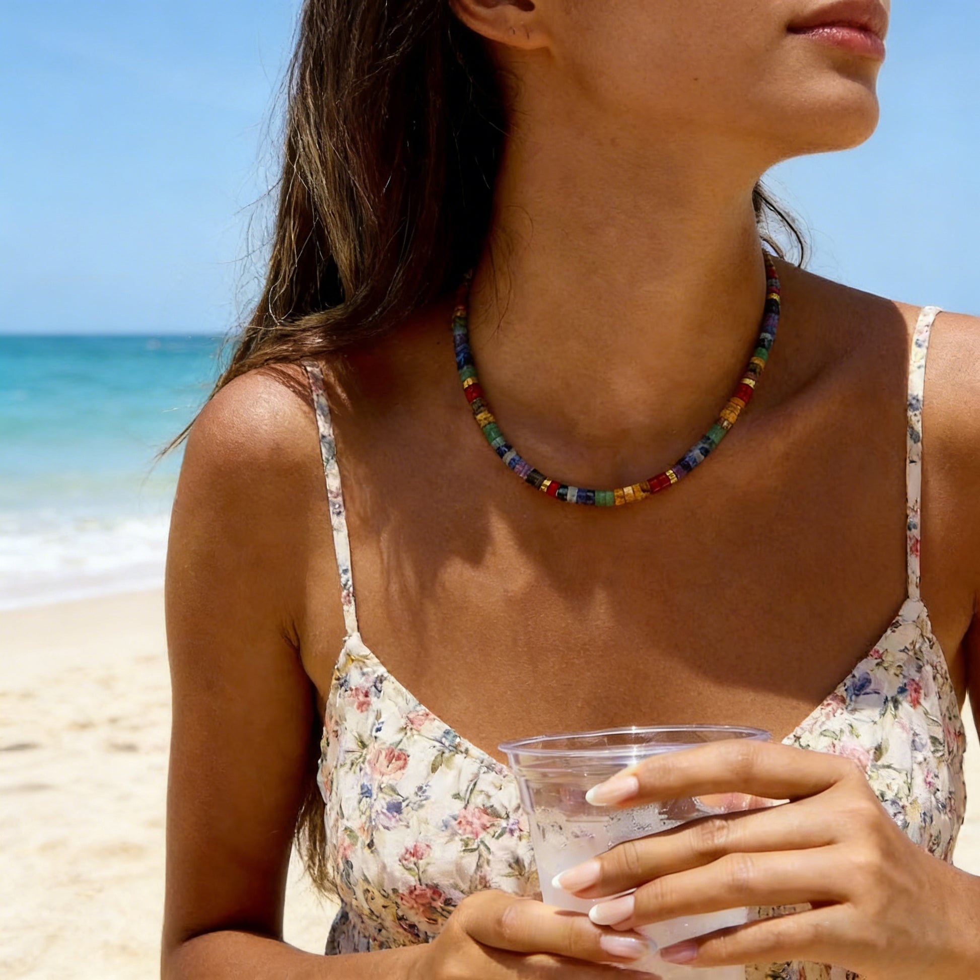 7 Chakra Heishi Bead Choker – Natural Stone, Boho – view 4
