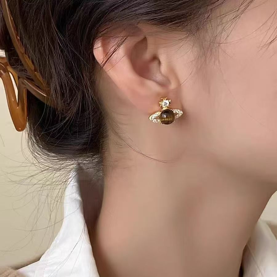 Saturn Stud Earrings – Tiger Eye Stone – view 2