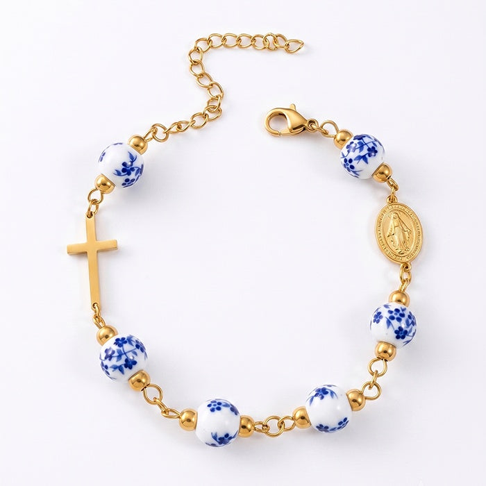 Ceramic Bead Rosary Bracelet – 18K Gold Plated, Virgin Mary Medal – view 4