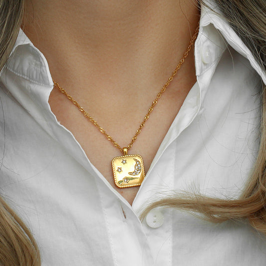 Titanium Steel Necklace 18K Gold Plating Square Tag