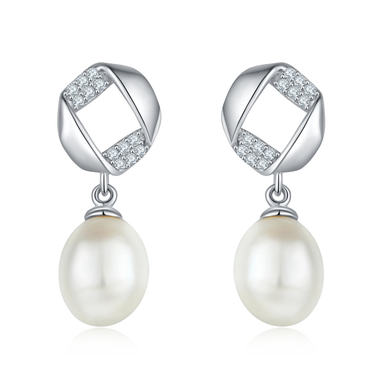 Freshwater Pearl Pave Dangle Earrings – S925 Platinum Plated