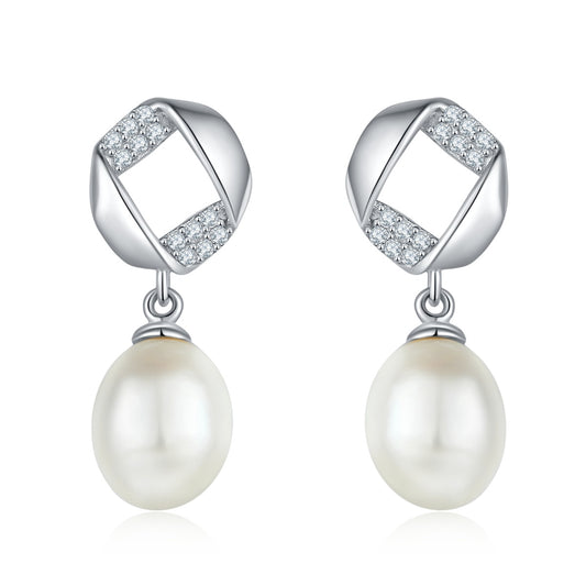 Freshwater Pearl Pave Dangle Earrings – S925 Platinum Plated