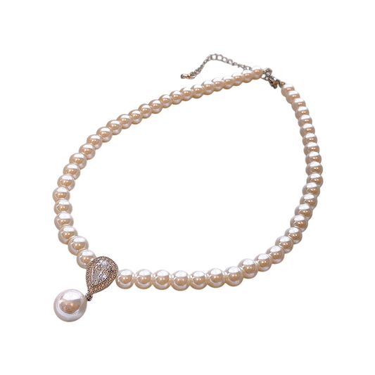 Imitation Pearl & Zircon Drop Necklace – White