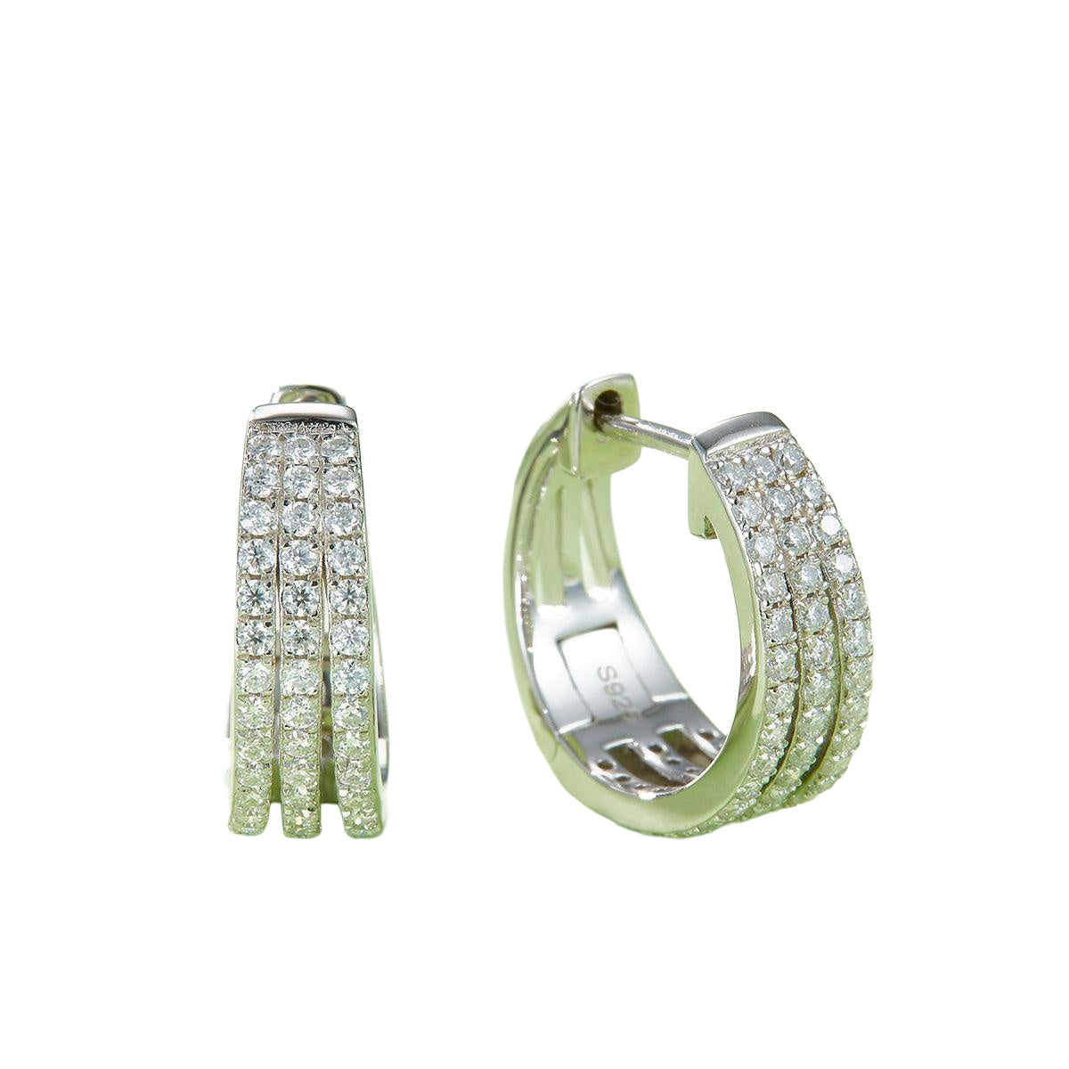 Triple row moissanite huggie hoops – platinum tone on white background