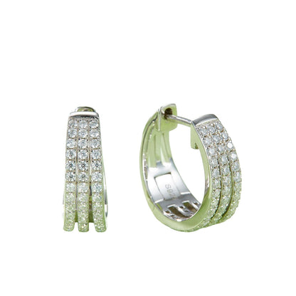 Triple row moissanite huggie hoops – platinum tone on white background