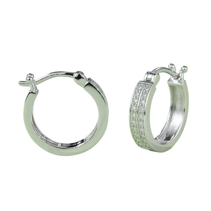 Double row moissanite hoop earrings – platinum tone on white background