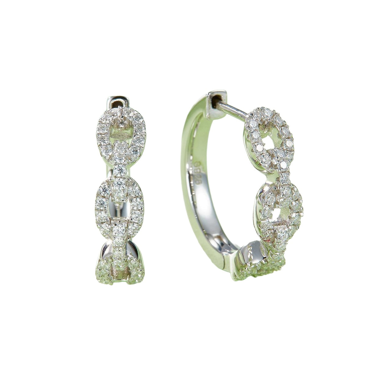 Twisted chain-link moissanite hoop earrings in platinum tone on white background